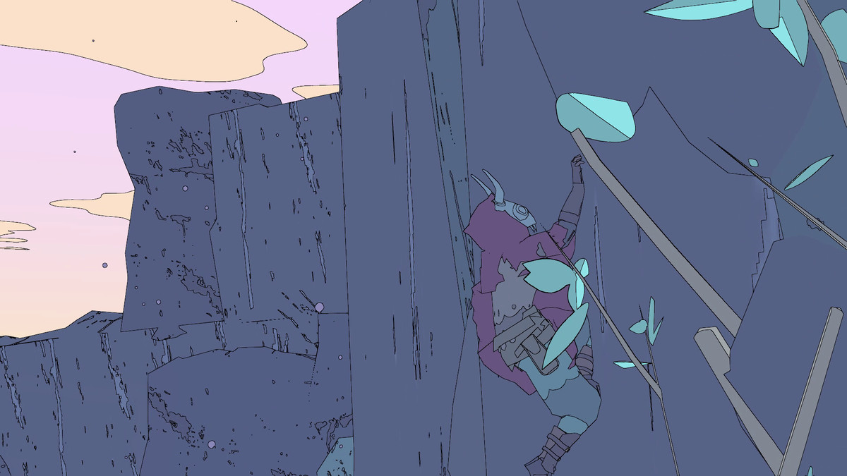 Sable, una ragazza mascherata che indossa una calzamaglia rossa scala la faccia di una scogliera