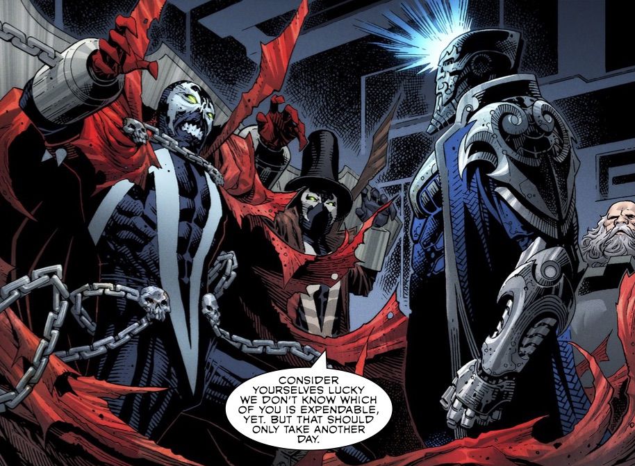 Il Disgregatore minaccia Spawn, Gunsligher e Sinn nell'Universo n. 1 di Spawn (2021).