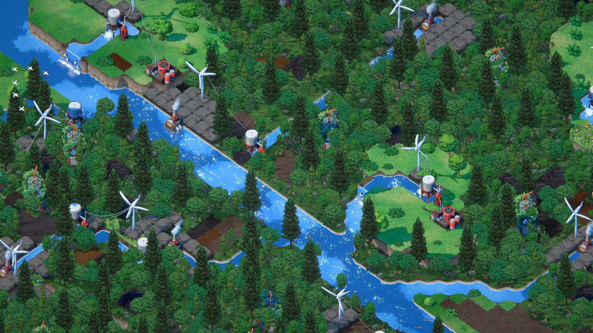 Uno screenshot di Terra Nil che mostra un fiume che scorre in un paesaggio verdeggiante.