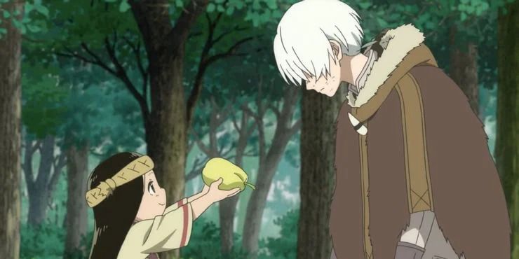 Marzo offre a Fushi un frutto da mangiare in To Your Eternity