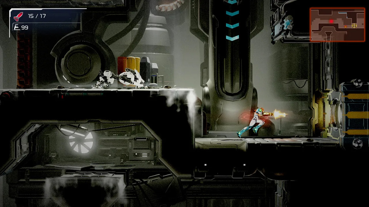 Samus scappa da un EMMI in Metroid Dread