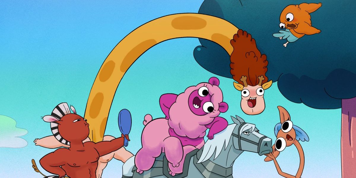 a group of whimsical creatures tormenting a grey horse through song and dance