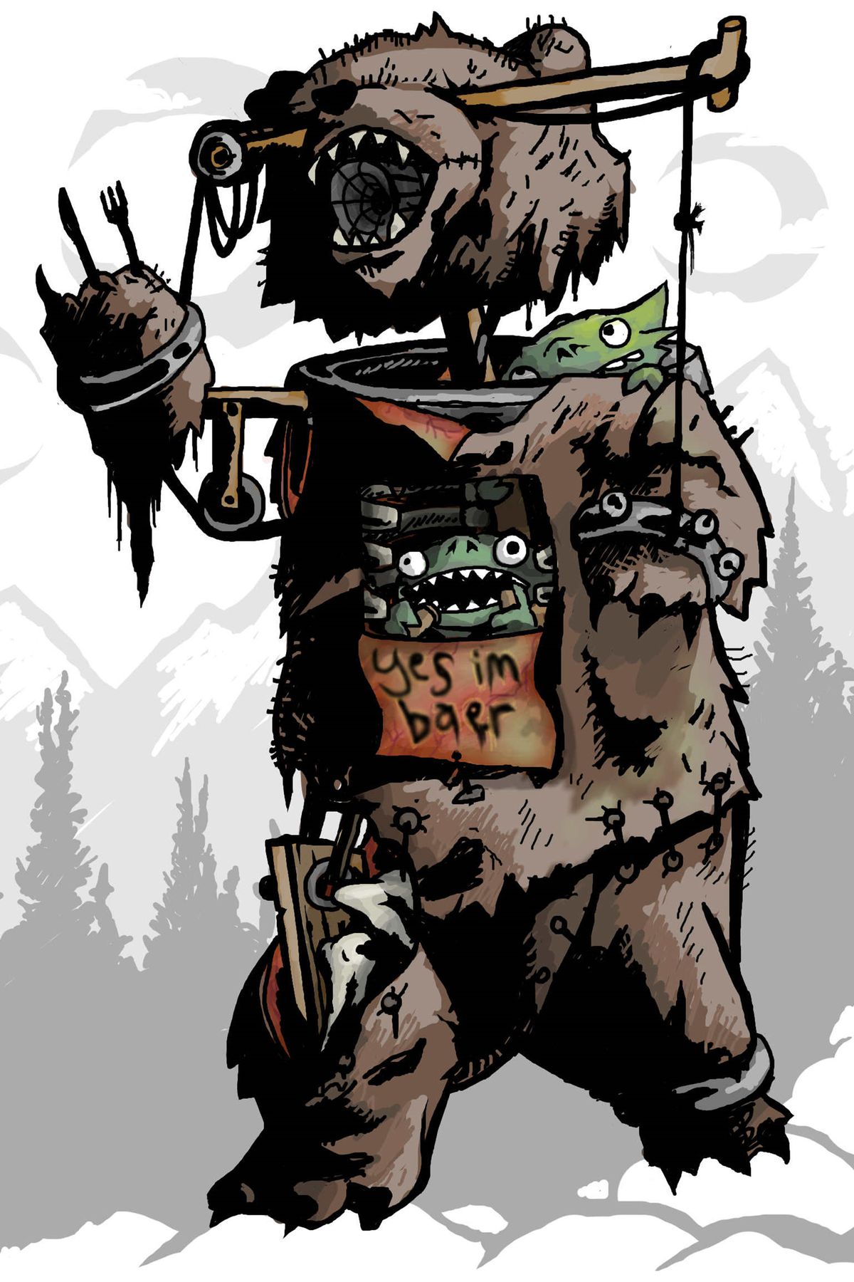 Tre goblin in costume da orso. Il cartello dice