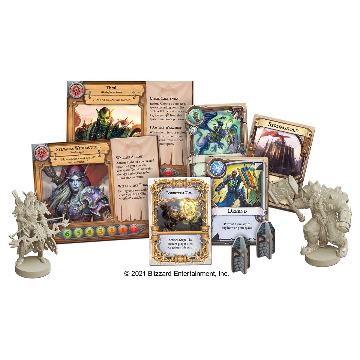 Pezzi del personaggio eroe, incluse due carte da sideboard con poteri speciali per Sylvanas e Thrall.