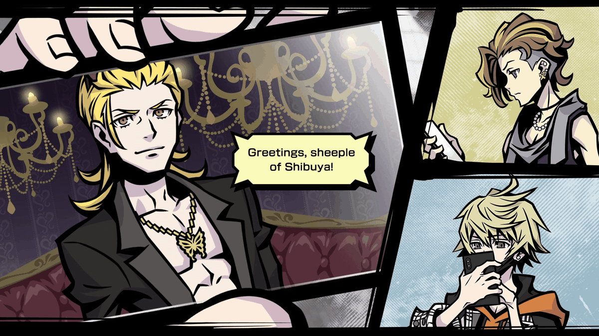 Two characters in Neo: The World Ends With You watch a broadcast on their phones of another character saying, “Greetings, sheeple of Shibuya!”