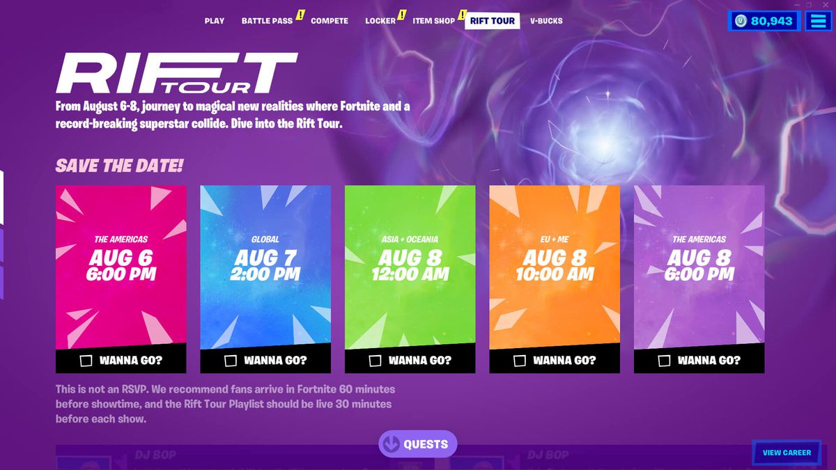 Programma del tour Fortnite Rift di Epic