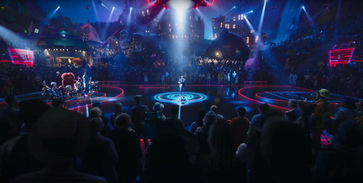 Il Dom Ball Stadium in Space Jam: A New Legacy, pieno di personaggi di varie proprietà della Warner Bros.