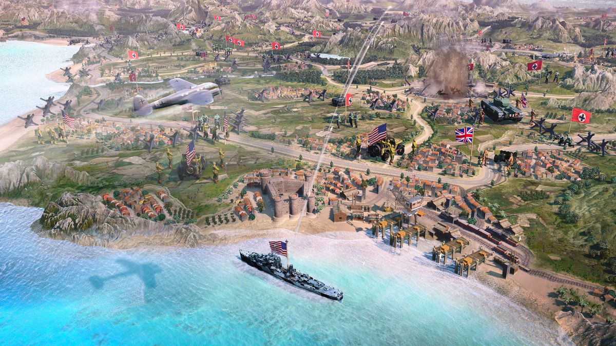 Una mappa del mondo che mostra un bombardiere nazista che attacca la costa italiana in Company of Heroes 3.