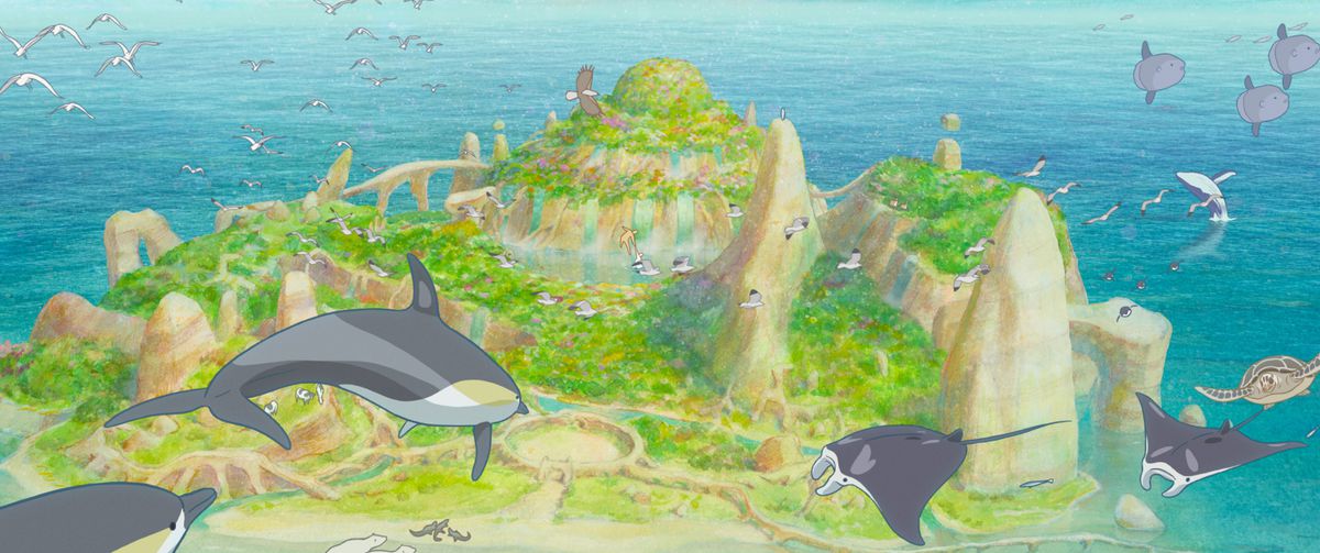 Balene e razze nuotano nell'aria insieme a tartarughe e gabbiani sopra un'isola misteriosa in Tomorrow's Leaves