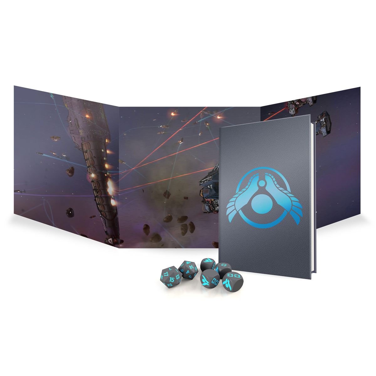 Un libro grigio con un gallone blu stilizzato, più una battaglia spaziale a tema su uno schermo trittico e dadi grigi e blu.