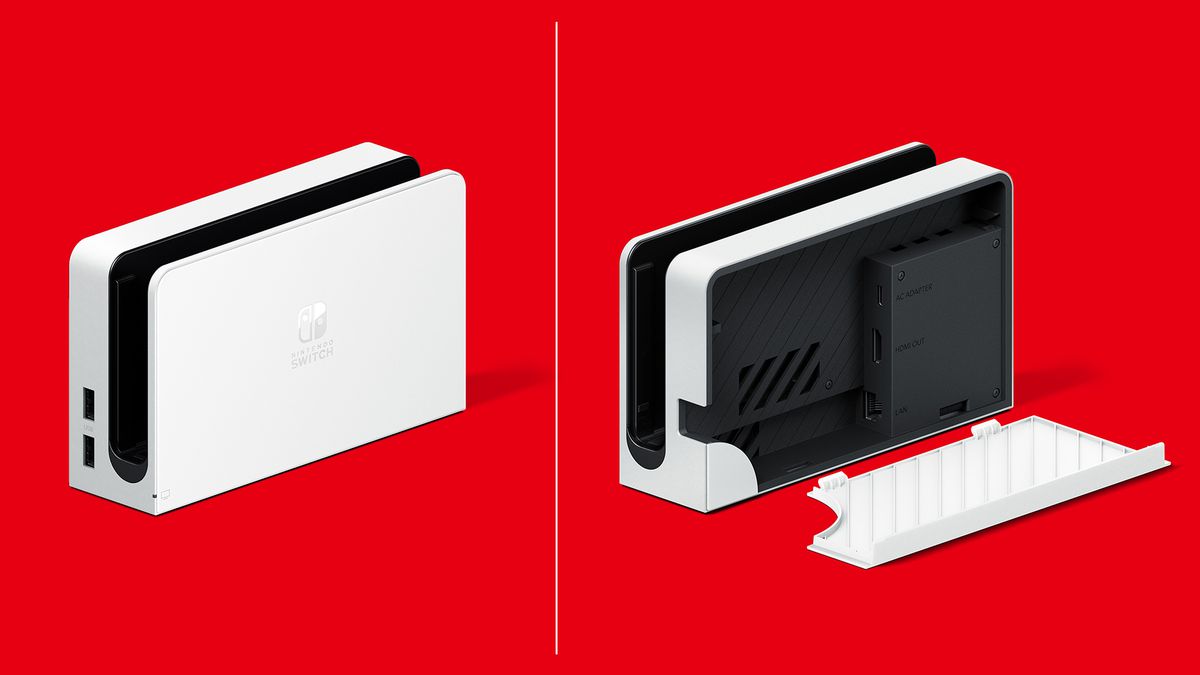 Il nuovo dock per Nintendo Switch (modello OLED) in bianco, uno mostra il dock chiuso e l'altro lo mostra aperto