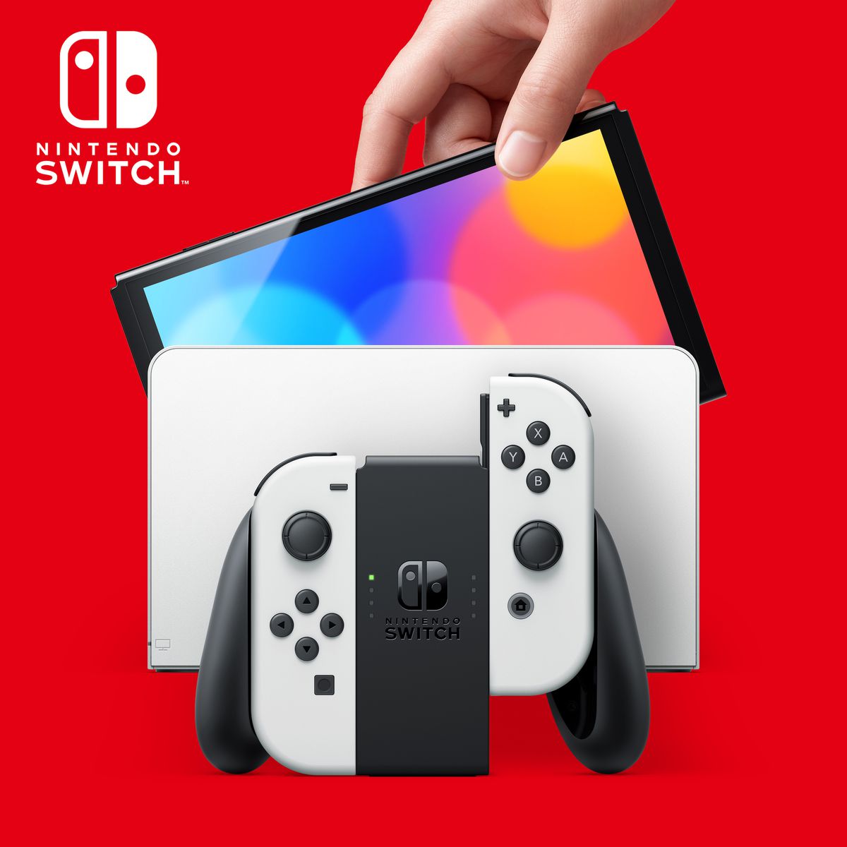 Il nuovo sistema Nintendo Switch (modello OLED) e dock con Joy-Contro bianchi