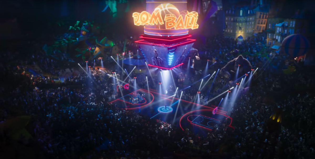Una ripresa dall'alto dello stadio Dom Ball in Space Jam: A New Legacy