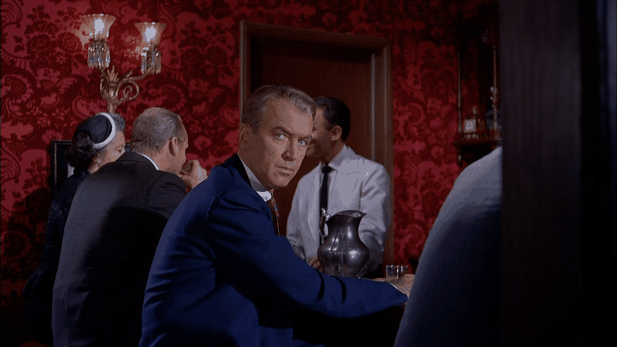 James Stewart as retired police detective John “Scottie” Ferguson in Vertigo