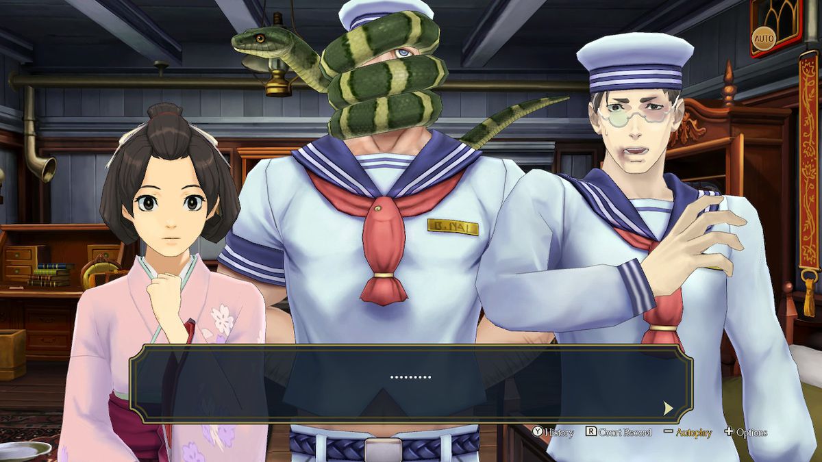 Susato (a sinistra), Strogenov e il suo serpente domestico (al centro) e l'ispettore Hosonaga (a destra) in The Great Ace Attorney Chronicles