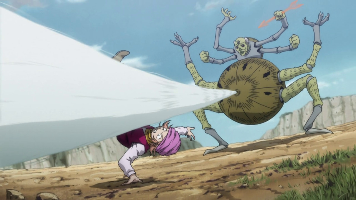 un ragno umanoide che spara una ragnatela dal fondo