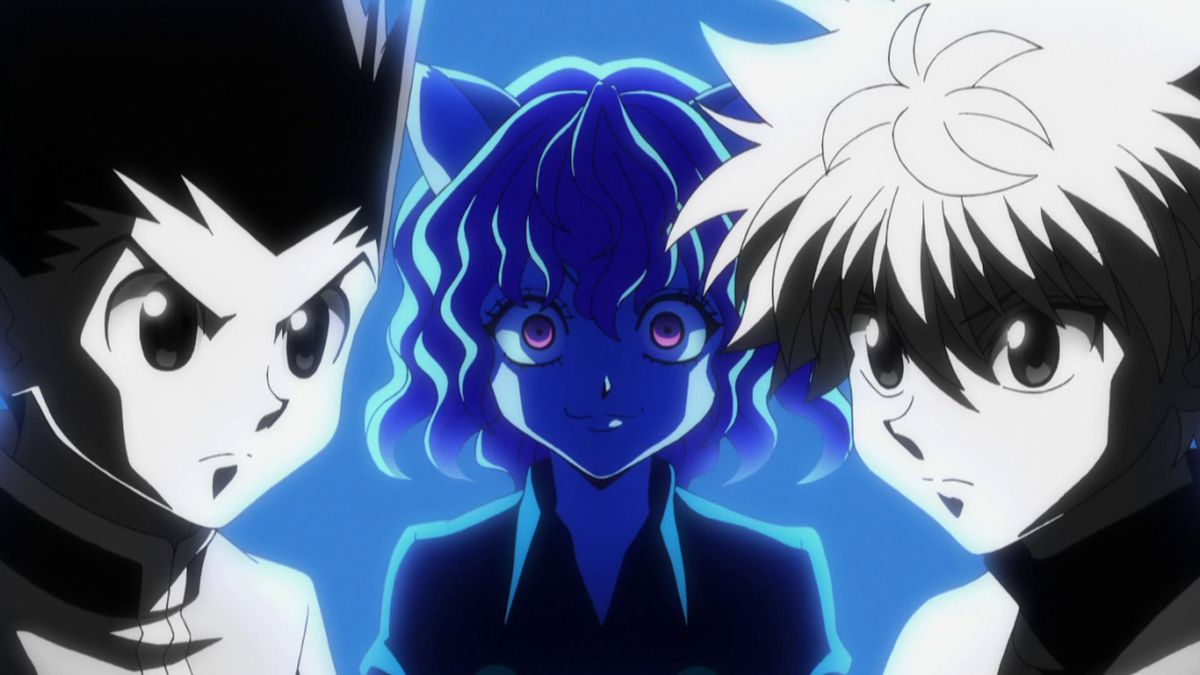 gon e killua sembrano determinati, con neferpitou che incombe dietro di loro