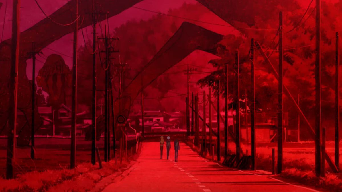 Asuka, Rei e Shinji camminano lungo un paesaggio apocalittico di colore rosso