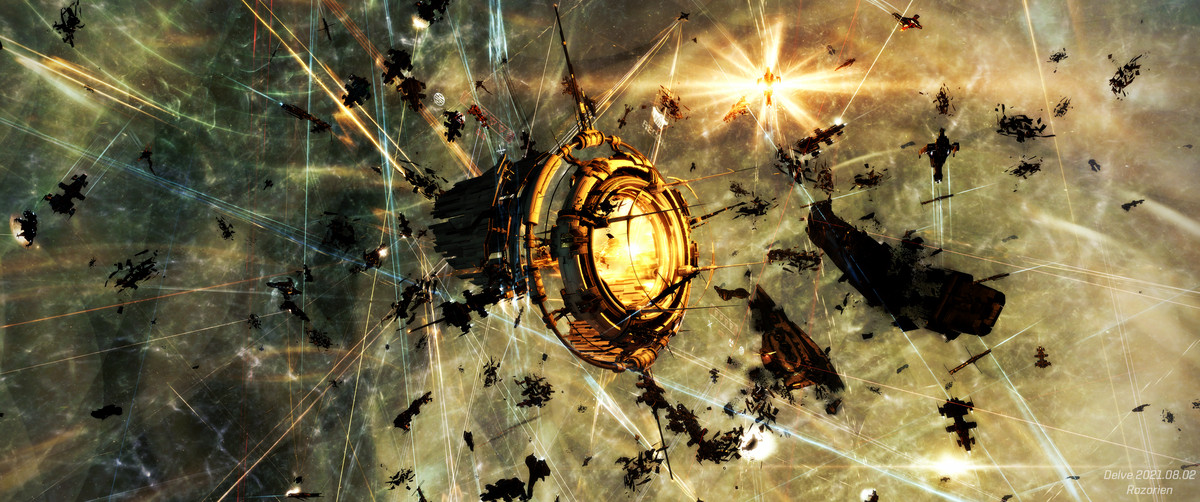 Con i sino jammer che riempiono il vuoto con un'energia blu e gialla incandescente, forme oscure si spostano contro un enorme cancello di salto. Una nave esplode.