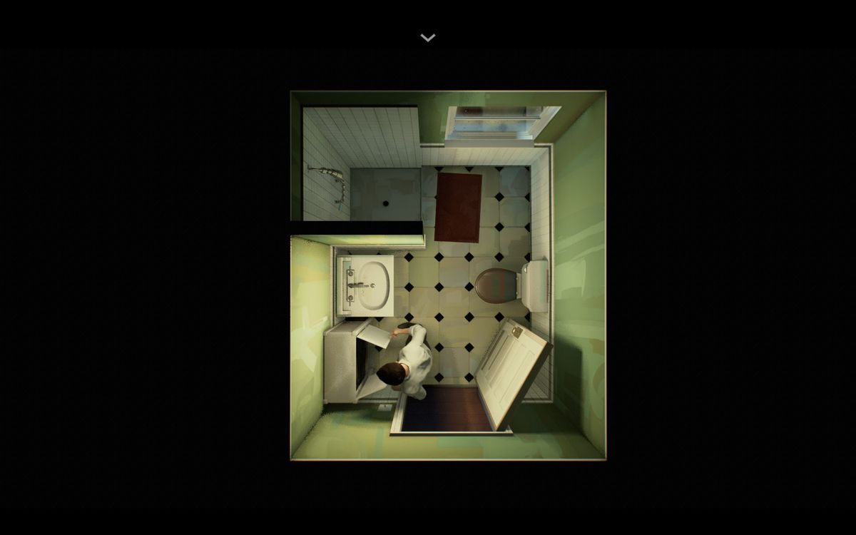 una ripresa dall'alto di un uomo che raggiunge un armadietto dei medicinali in un bagno in Dodici minuti