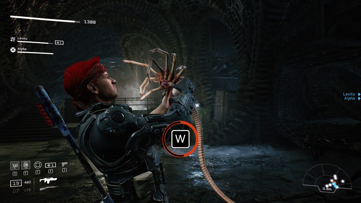 Un facehugger si lancia contro il marine creato dal giocatore