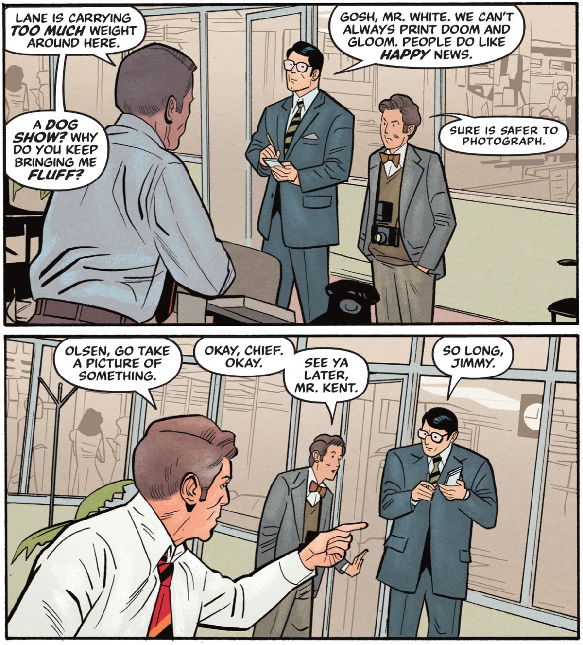 Perry White rimprovera Clark Kent e Jimmy Olsen di avere più peso nella redazione.