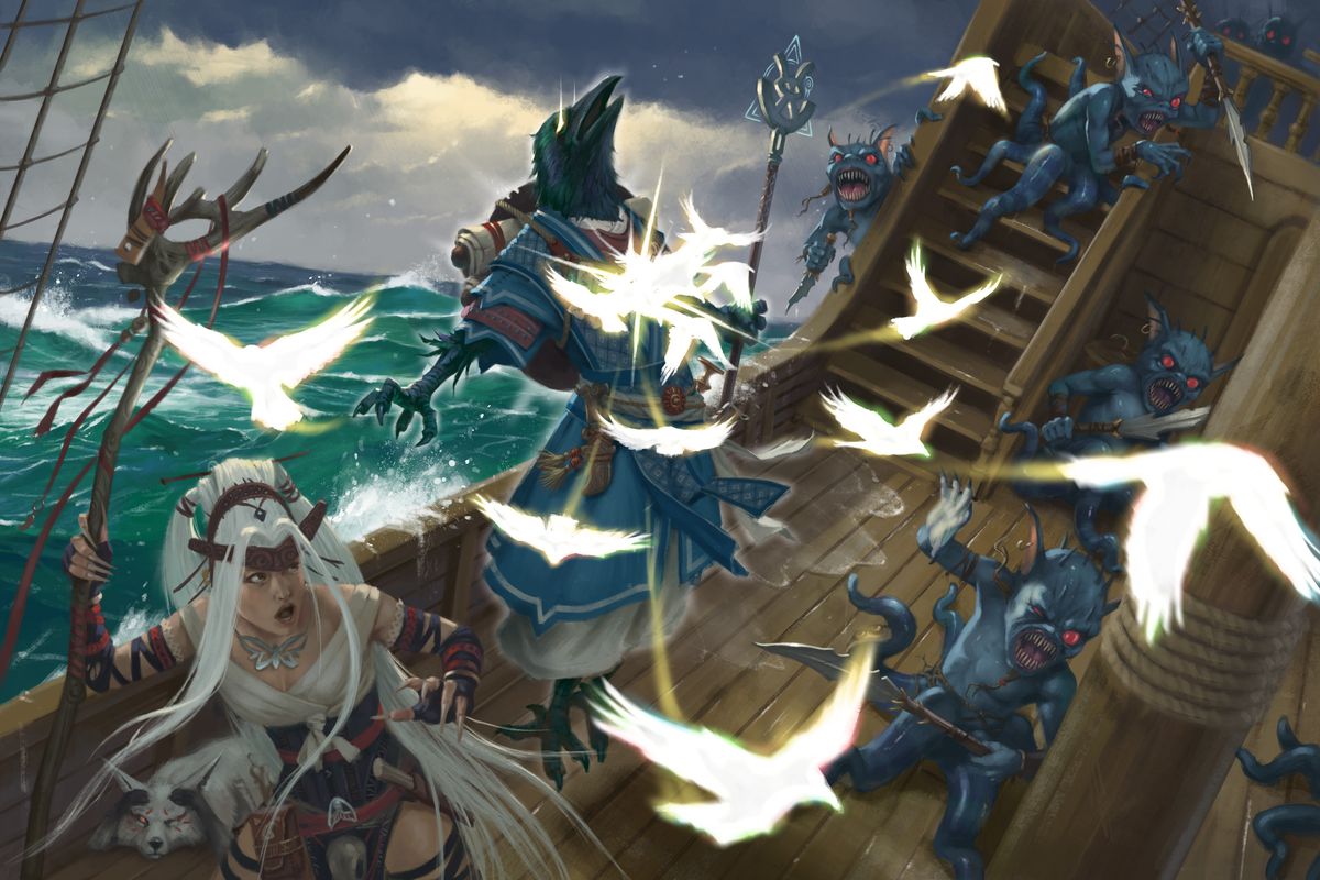 Un corvo umanoide levita su una squadra di pirati goblin, il loro corpo risplende di energia.