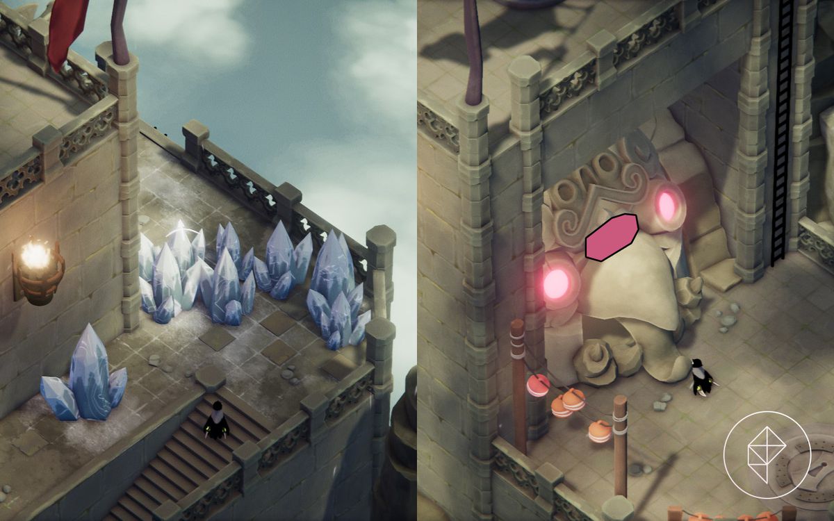 Un'immagine divisa che mostra un sentiero ghiacciato bloccato a sinistra e un santuario magico a destra.