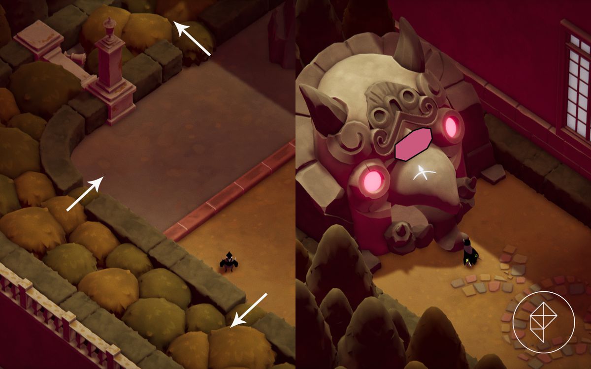 Un'immagine divisa con un sentiero segreto del giardino a sinistra e un santuario magico a destra.