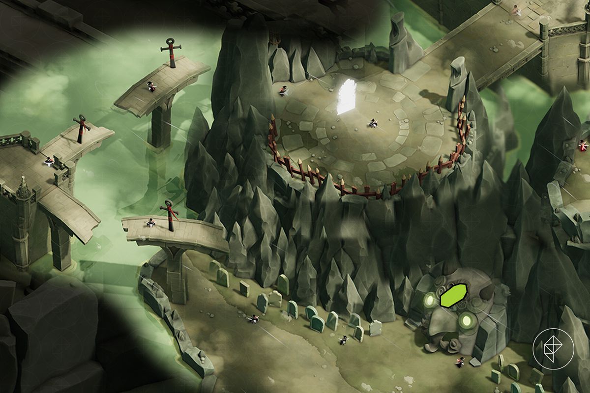 Una mappa del Cimitero perduto nella Porta della Morte di un percorso circolare con ancore che conducono a un santuario verde.