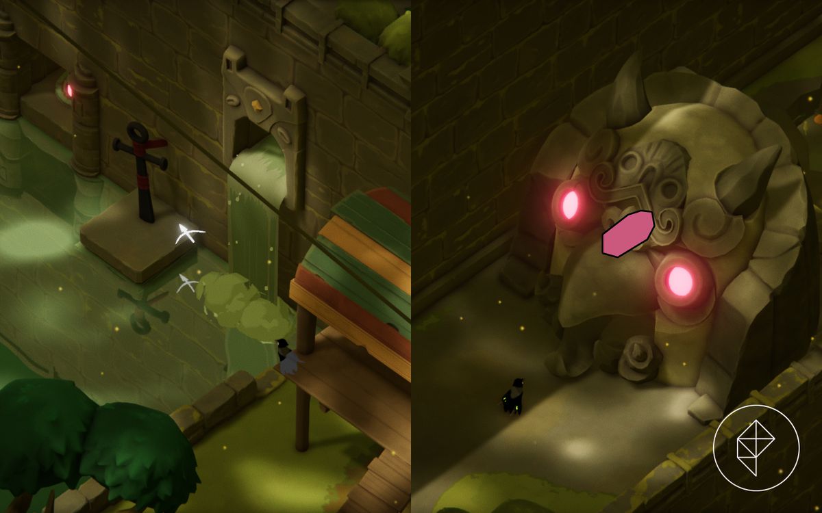 Un'immagine divisa che mostra un'ancora hookshot in acqua a sinistra e un santuario magico a destra.