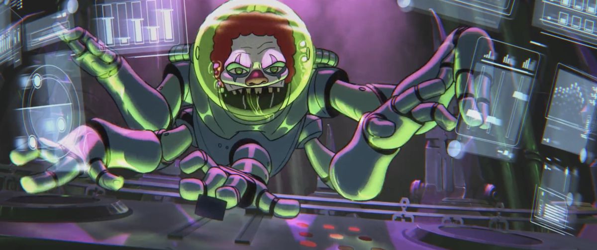 multi-armed clown DJ in Iron Maiden’s The Writing on The Wall music video
