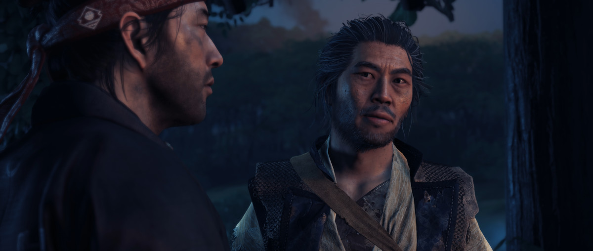 Jin Sakai parla con un predone in Ghost of Tsushima Director's Cut