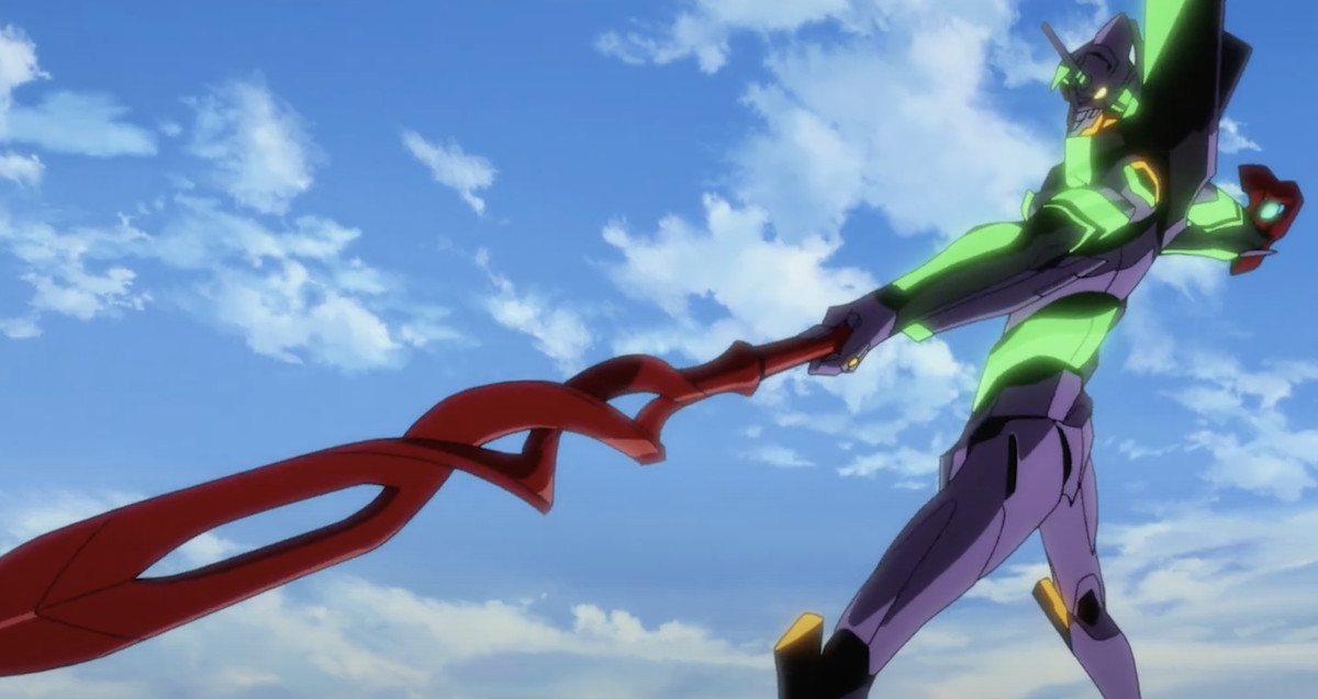 a giant humanoid machine standing pointing a red spear downward toward the corner of the screen in Evangelion: 3.0 + 1.01 Thrice Upon a Time