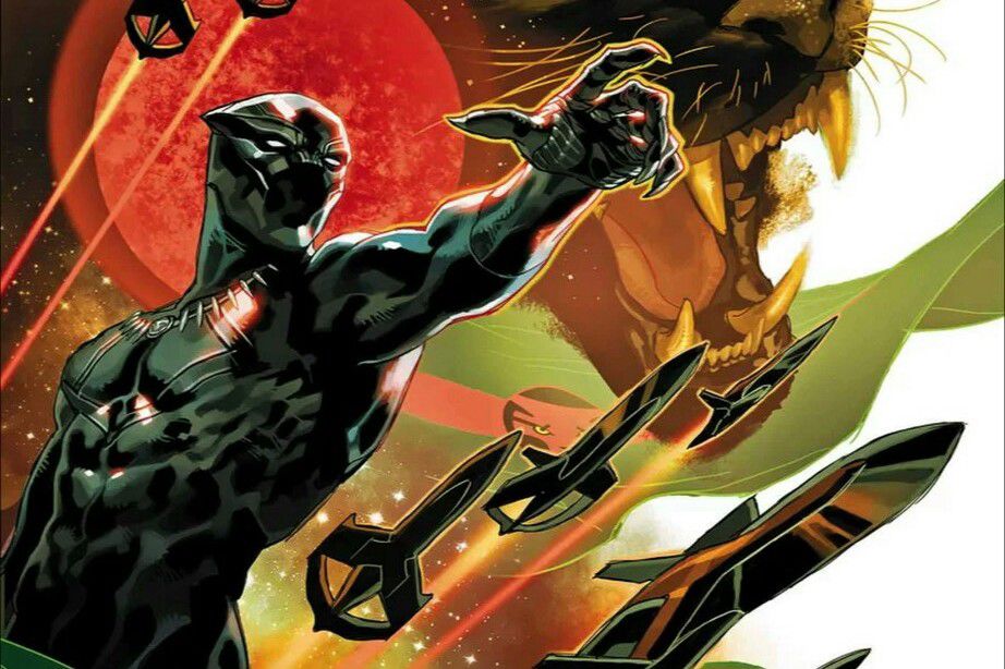 La Pantera Nera indica la via da seguire, su uno sfondo di una pantera ringhiante, bandiere del Wakanda e astronavi che sfrecciano nello spazio, su una variante di copertina di Black Panther #1, Marvel Comics (2018).