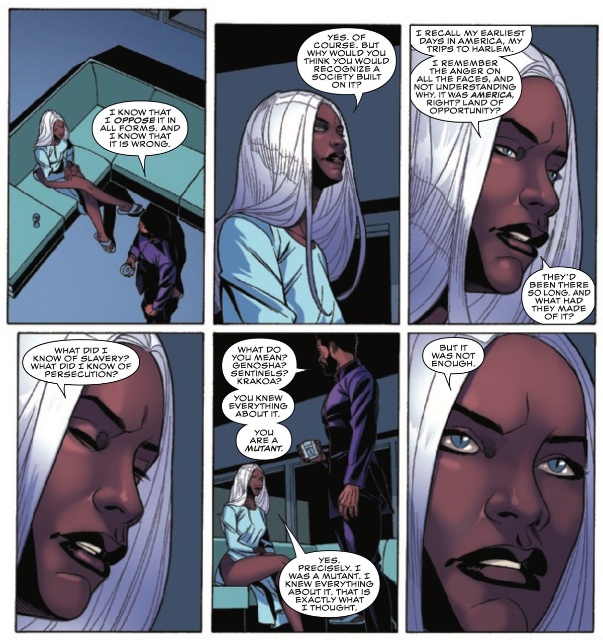 Storm e Black Panther discutono della propria ingenuità nel riconoscere che una società è stata costruita sulla schiavitù, nonostante il colore della pelle e lo status di mutante, in Black Panther # 18, Marvel Comics (2019).