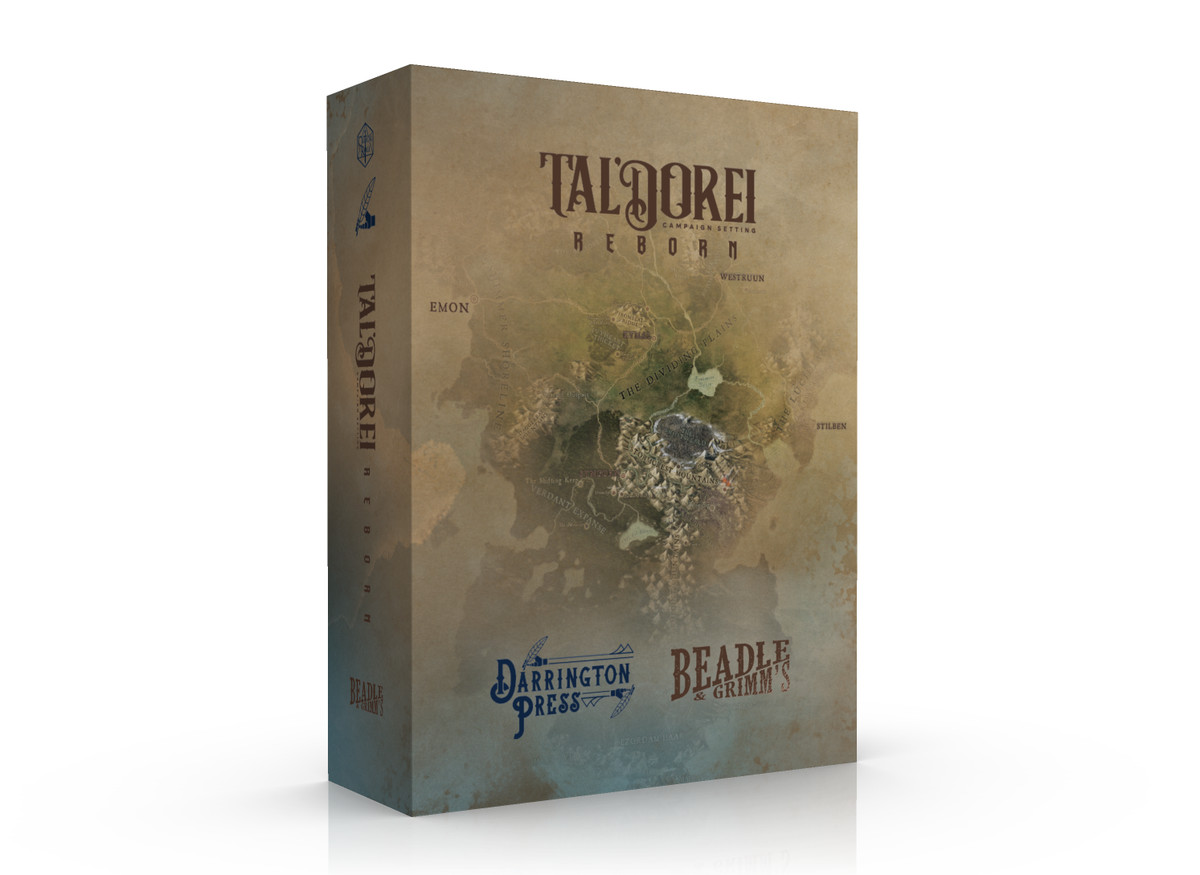 Una scatola beige con il marchio di Darrington Press, editore interno di Critical Role e Beadle & Grimm's.