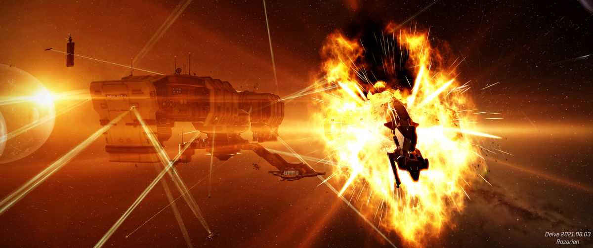 Gocce di fiamme gialle eruttano da un'astronave ferita retroilluminata da un lontano disco di stelle.
