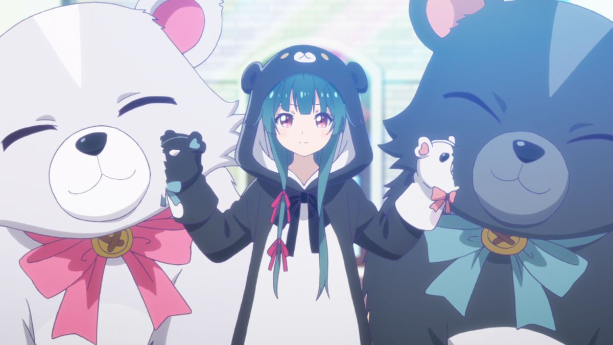 Yuna in un pigiama a tema orso accarezza due orsi giganti mentre indossa pupazzi da orso