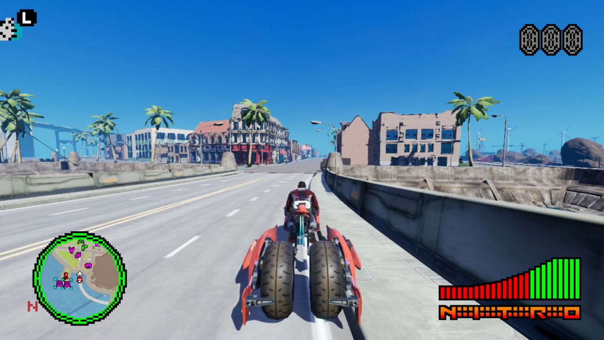 Travis guida una moto per le strade aride di Santa Destroy in No More Heroes 3