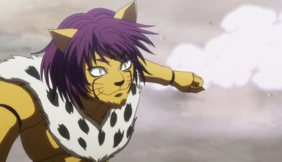 un ghepardo umanoide che corre nel fumo