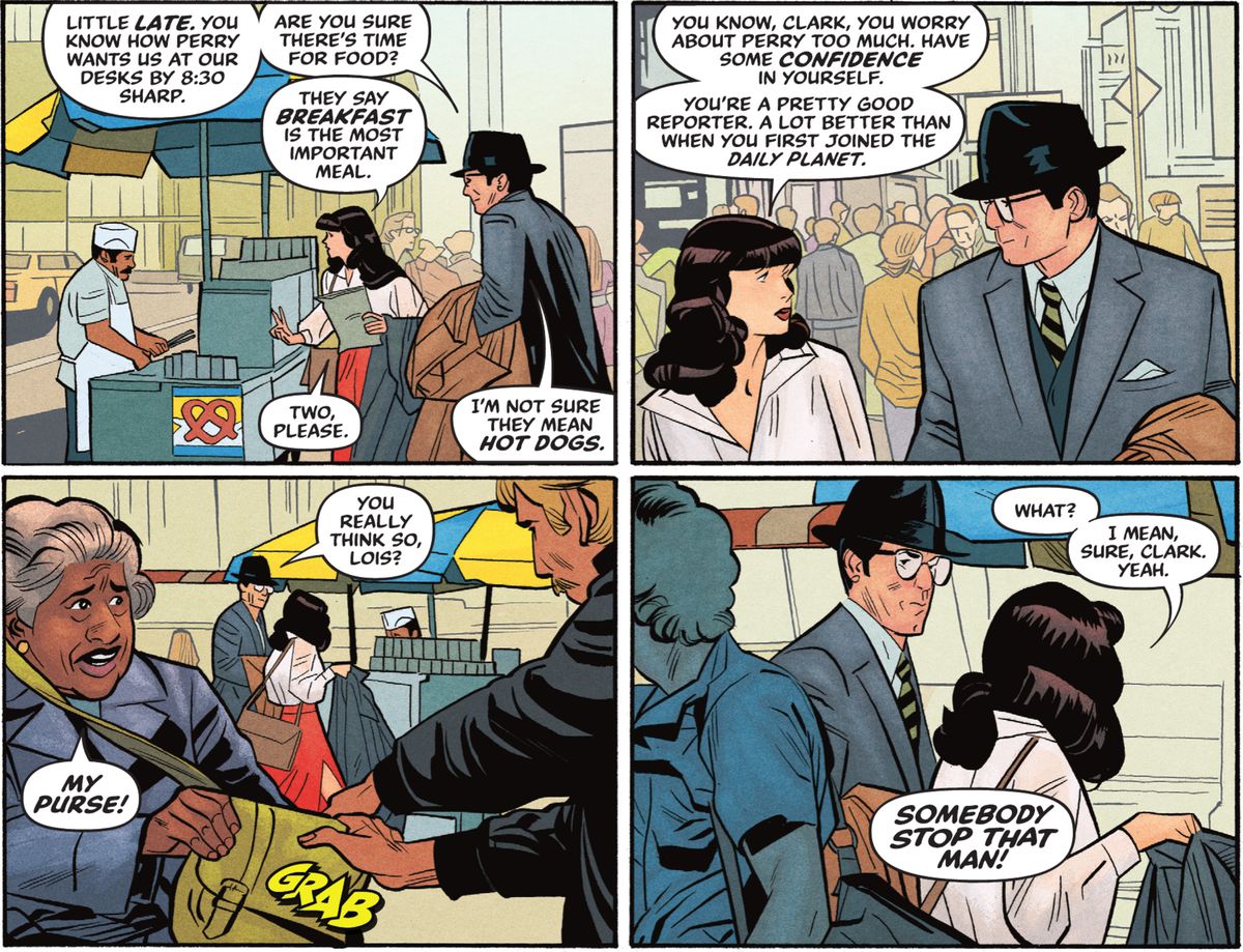Clark Kent segue Lois mentre parlano di lavoro e lei ordina due hot dog per colazione. Osserva anche uno scippatore, in Superman '78 #1 (2021).