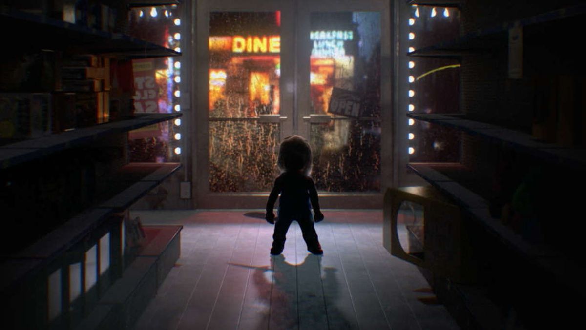 A silhouette of a doll holding a butcher’s knife in the aisle of a toy store.