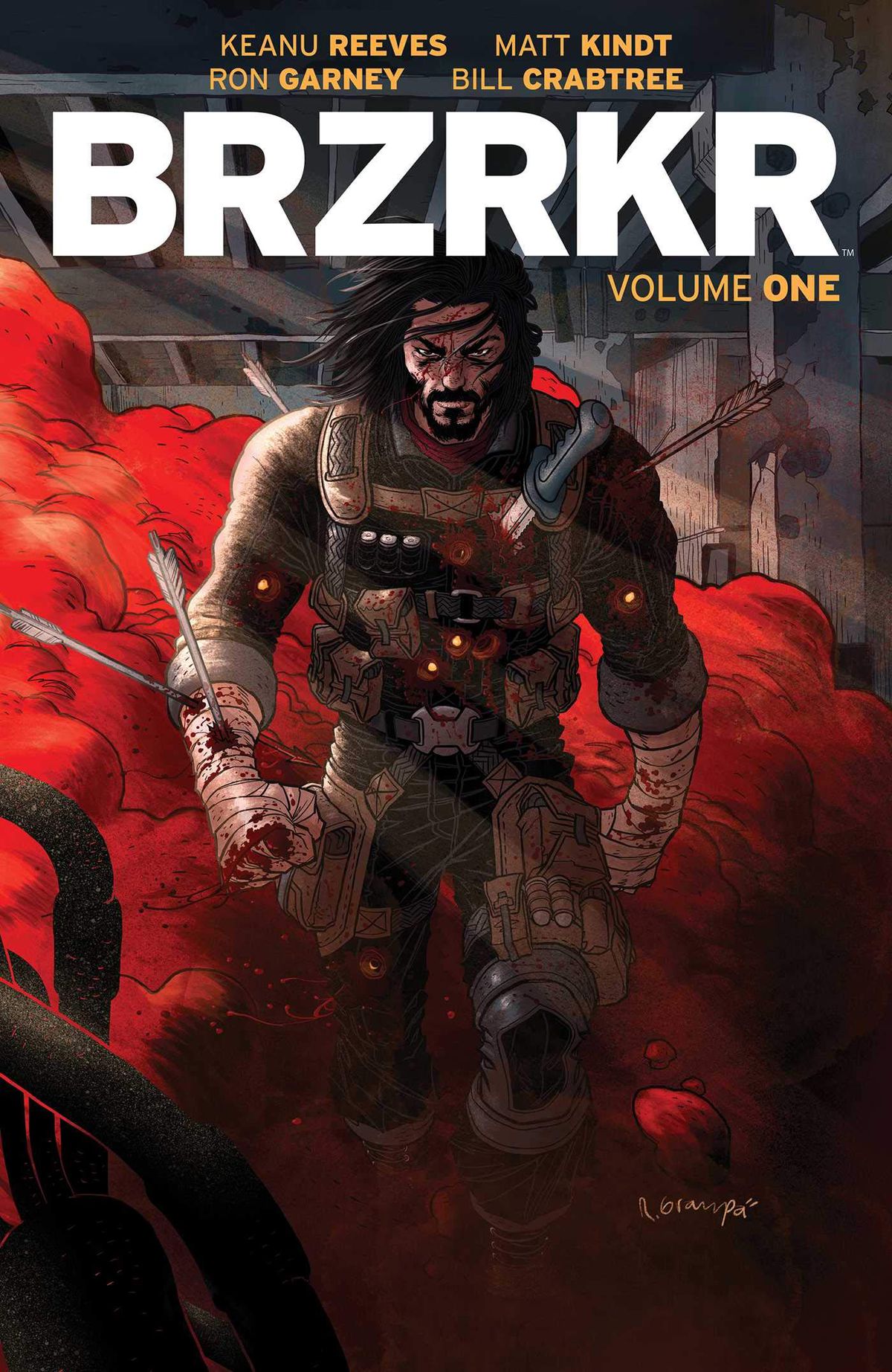 A bloodied soldier walks out of a pitched battle and towards the reader — he looks like a bearded and long-haired Keanu Reeves — on the cover of BRZRKR Vol. 1 (2021).