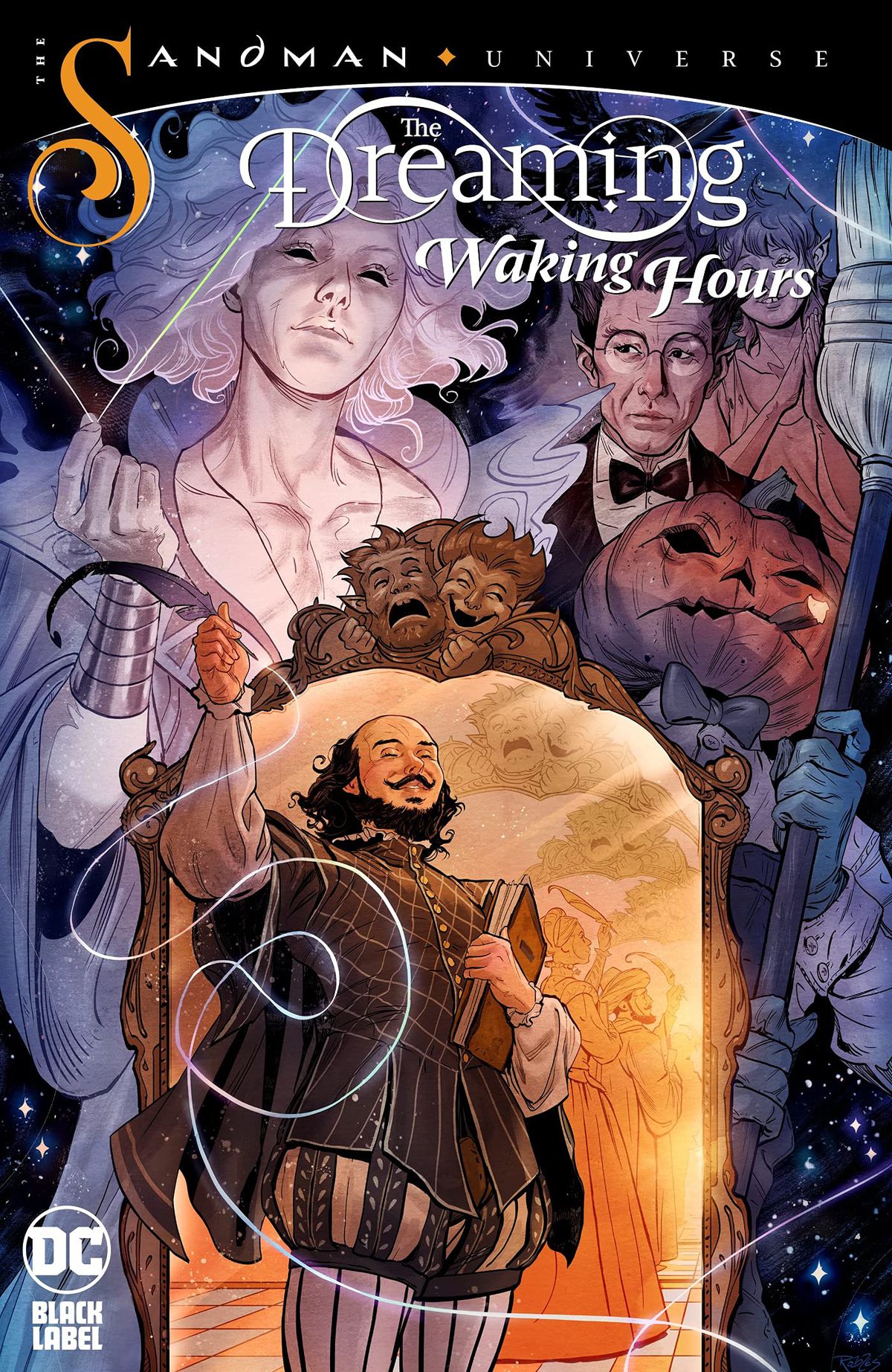 Denizens of the Dreaming watch over mirror, beside which stands William Shakespeare, greeting the reader on the cover of The Dreaming: Waking Hours (2021).