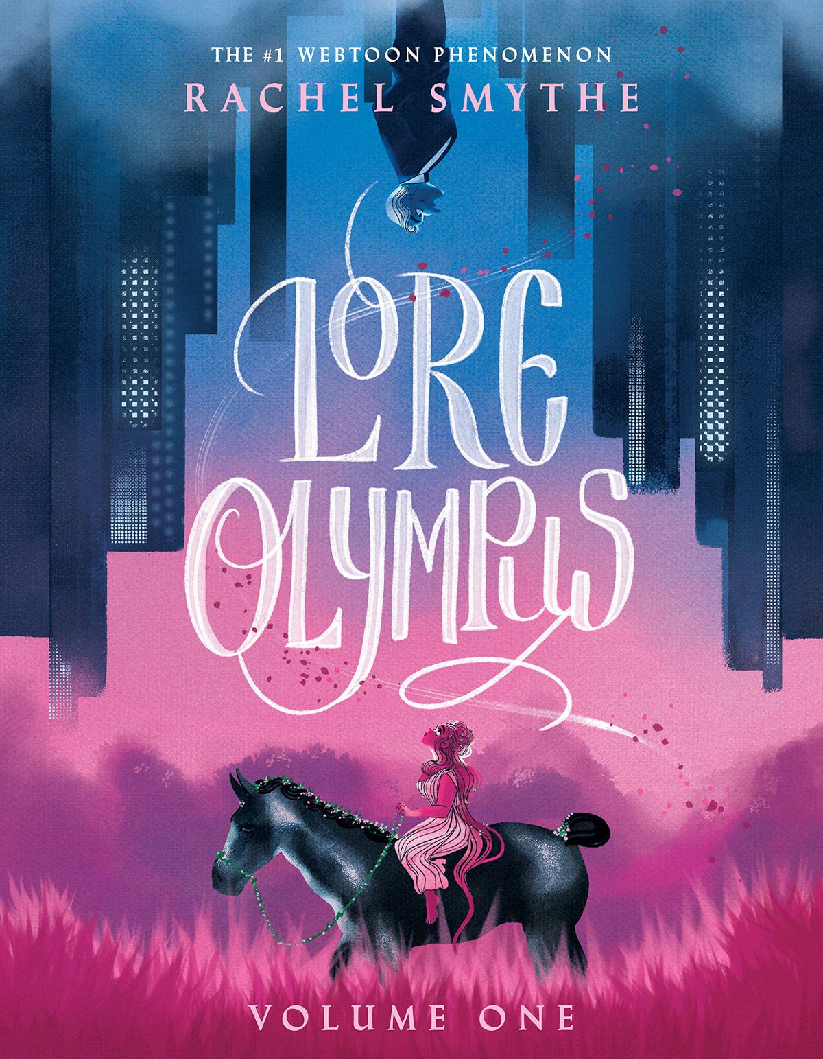Persephone rides a black horse through a pink field, Hades hangs suspended above her on the cover of Lore Olympus Vol. 1.