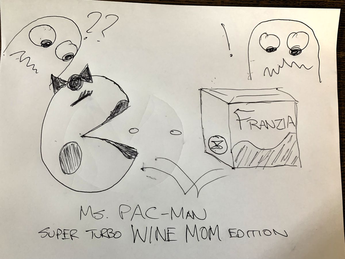 Con gli occhi chiusi e la bocca aperta, la signora Pac-Man si prepara a consumare delle pallottole energetiche e una scatola di vino Franzia, mentre un paio di fantasmi guardano terrorizzati. Nella parte inferiore del disegno, una didascalia recita: