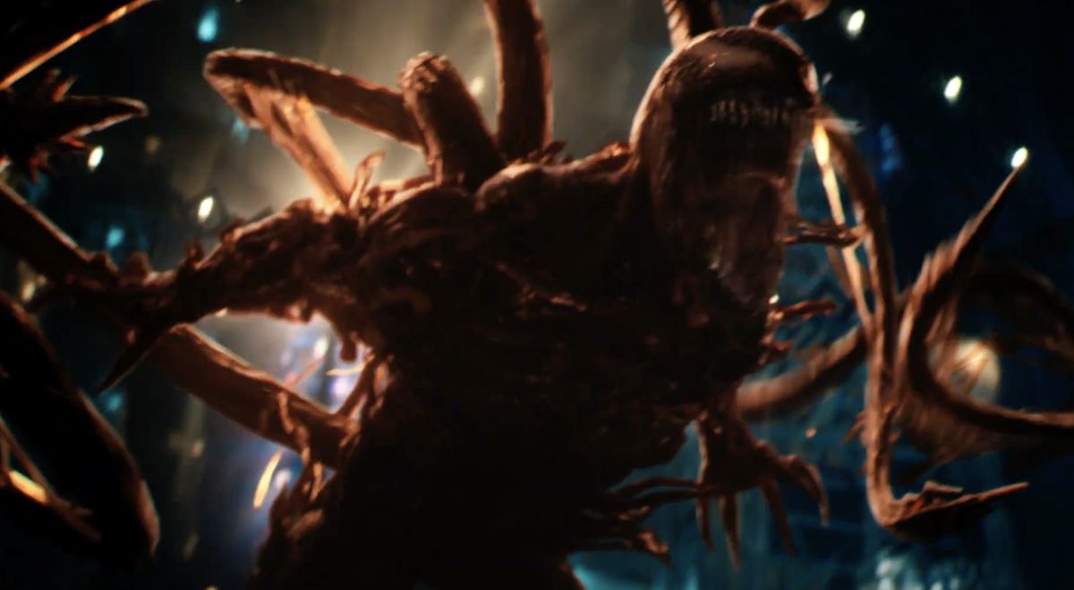 The symbiote Carnage roars with tentacles drawn in Venom: Let There Be Carnage,