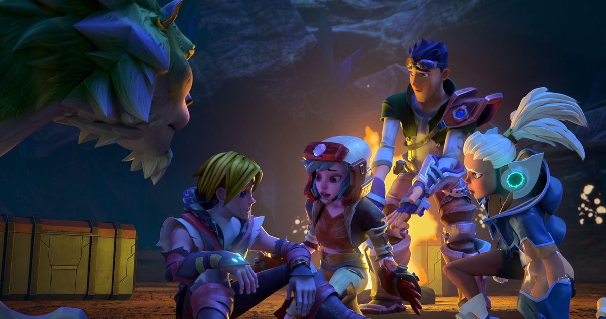 Un tranquillo consulto notturno tra il principe Adam, Cringer, Krass, Duncan e Teela in He-Man and the Masters of the Universe