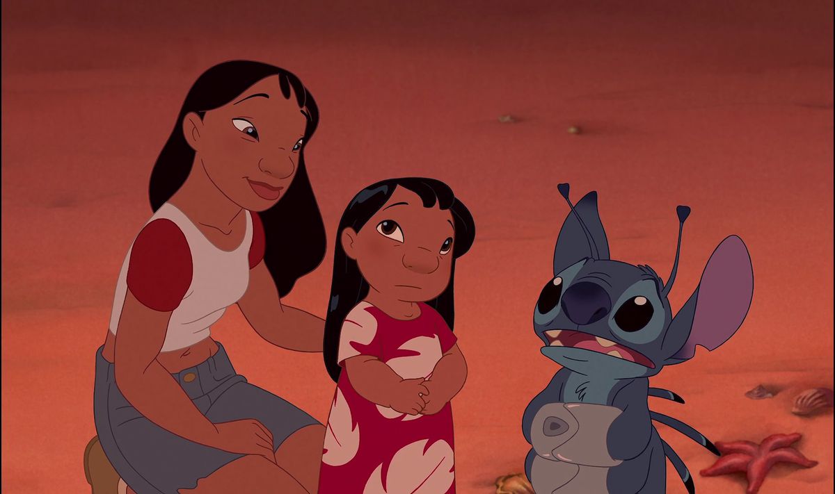 nani, lilo, and stitch standing on the beach